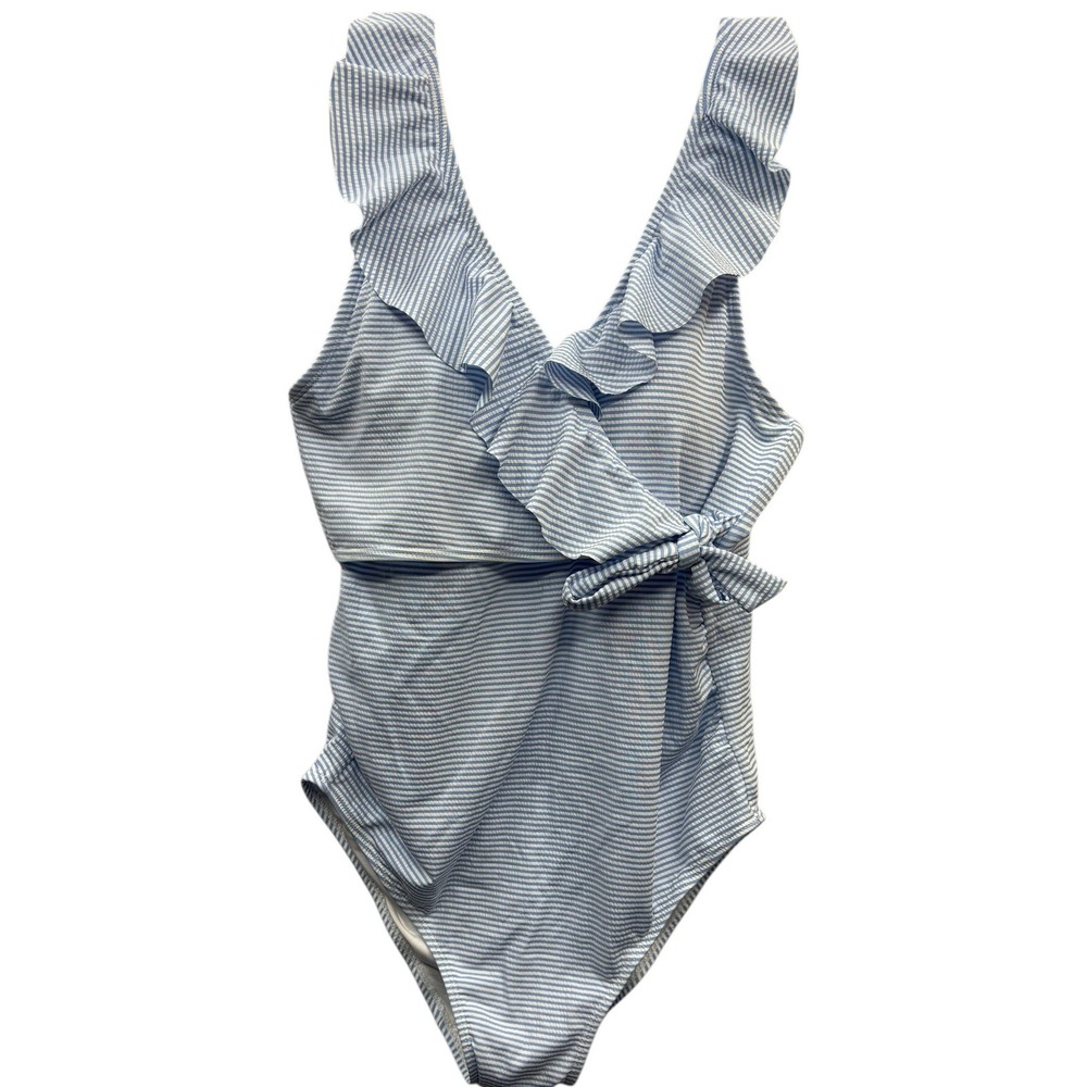 Kindred Bravely Blue White Seersucker Maternity Swimsuit Ruffle Wrap L